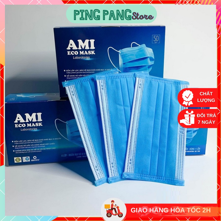 Khẩu trang y tế, Khẩu trang Ami 4 lớp, màu xanh, hộp 50 cái, HÀNG CHÍNH HÃNG