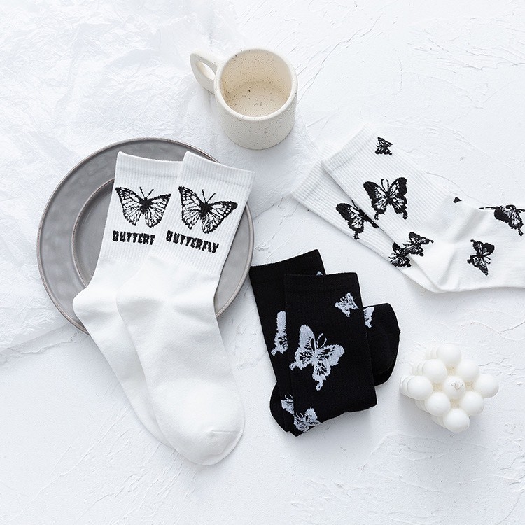 Tất nam nữ cổ cao vớ dài unisex in hình bướm cực đẹp TN38