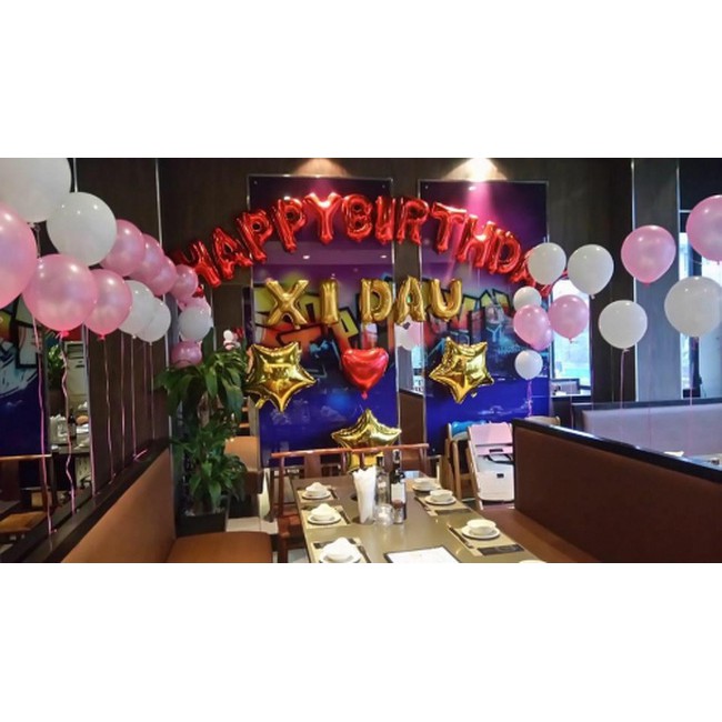 (Hàng Đẹp Cao Cấp) Combo chữ happy birthday + 30 vỏ bóng trắng hồng