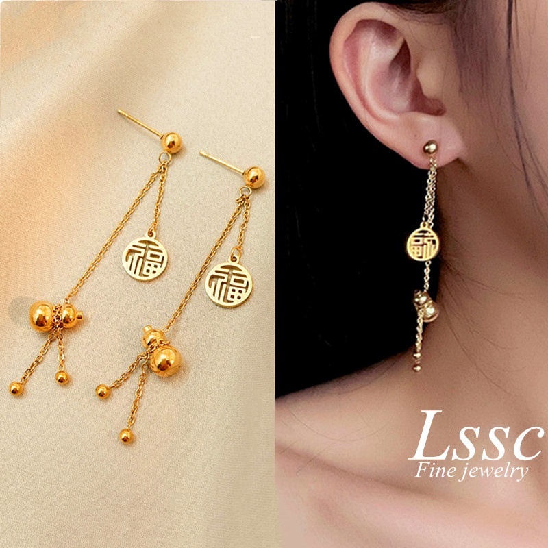 Bông tai Titan nữ không gỉ 18k Mạ vàng Lucky Pumpkin Tua &quot;Fu&quot; khuyên tai dáng dài