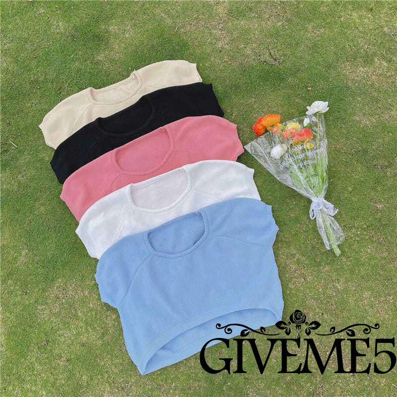 Áo Croptop Dệt Kim Tay Ngắn Cổ Tròn Màu Trơn Dáng Rộng Thời Trang Cho Nữ