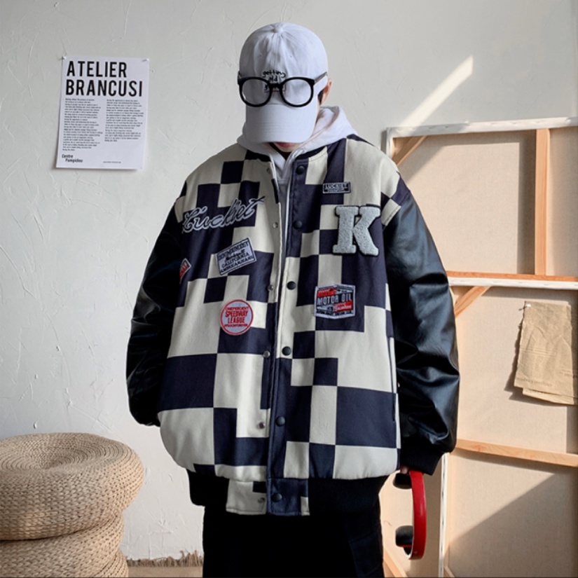 Áo Khoác bomber Một Hàng Nút Tay Dài Dáng Rộng Họa Tiết Caro Đơn Giản Thời Trang Phong Cách Hàn Quốc Cho Nam Và Nữ