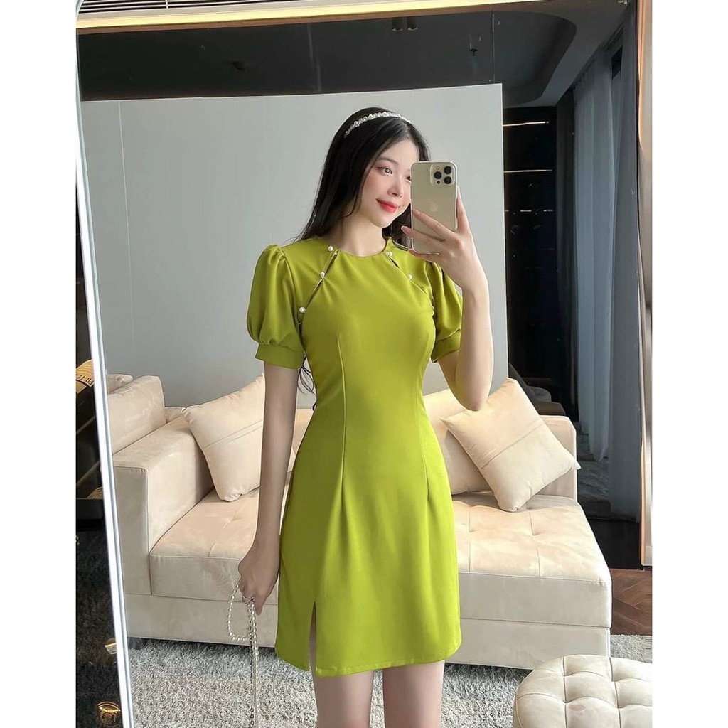 [HCM] Đầm Nữ Sườn Xám Tay Phồng  Cườm 2 Bên Vai Thời Trang Nữ Sam Closet Free Size 40-55kg