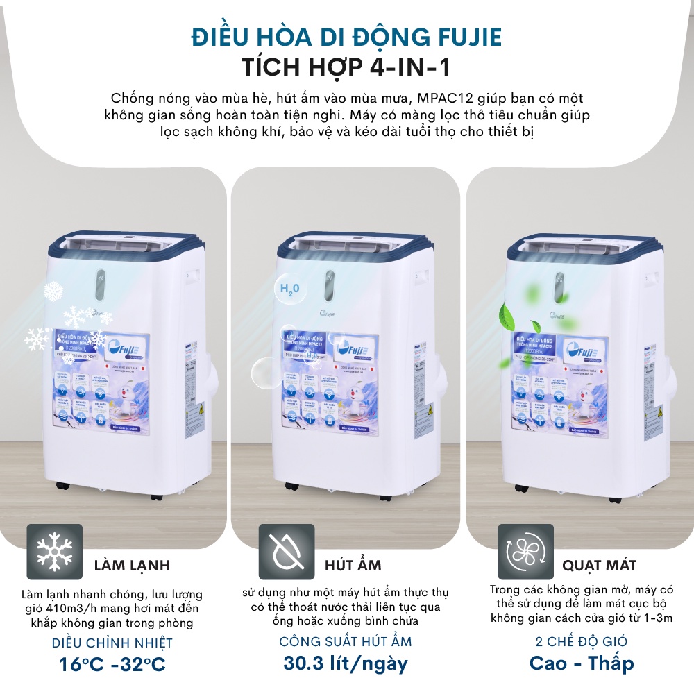 Máy lạnh di động FUJIE Công suất làm lạnh 7000BTU - 14000BTU - Công nghệ Nhật Bản - Bảo hành điện tử toàn quốc 2 năm