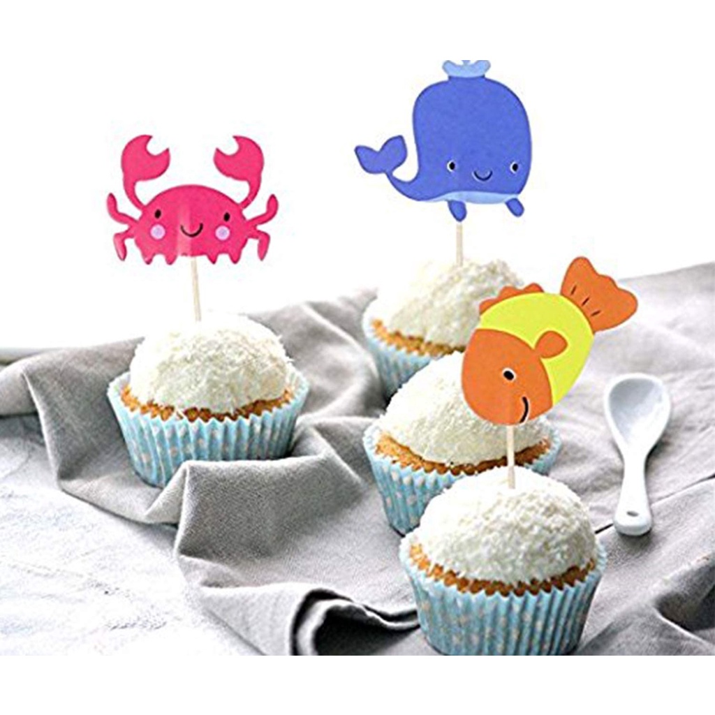 Bộ 24 Phụ Kiện Trang Trí Bánh cupcake Hình Sinh Nhật/Cá Ngựa/Sưa Biển/Cua