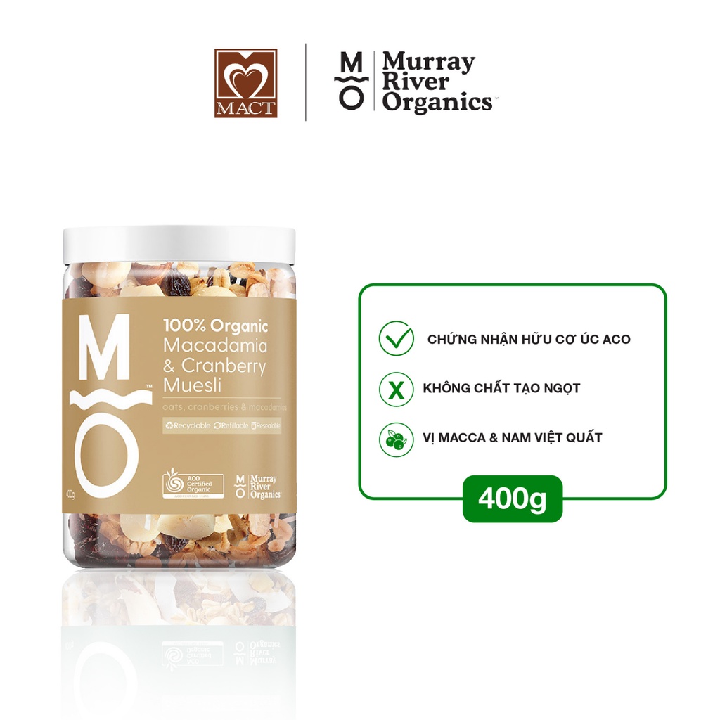 Ngũ cốc Muesli hữu cơ ăn kiêng giảm cân MURRAY RIVER ORGANICS - Vị Macca và Nam việt quất - lọ 400g