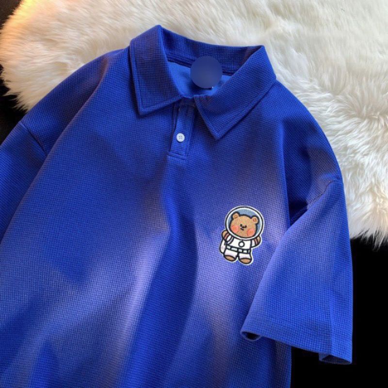 Áo polo nam nữ form rộng, Áo thun có cổ unisex hình gấu phi hành gia