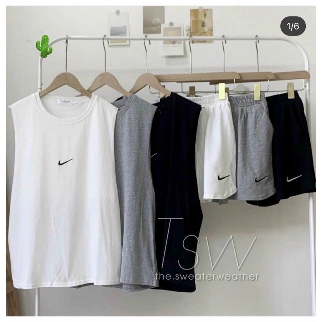 Set bộ tanktop Áo tanktop + quần THÊU tích, chất cotton mịn mát, 3 màu alohashop91