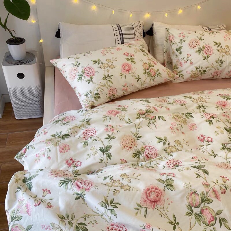 Bộ Chăn Ga Cotton Living 100%cotton Hàng Nhập Khẩu Cao Cấp 4 Món Hoa Hồng Vintage Nhẹ Nhàng