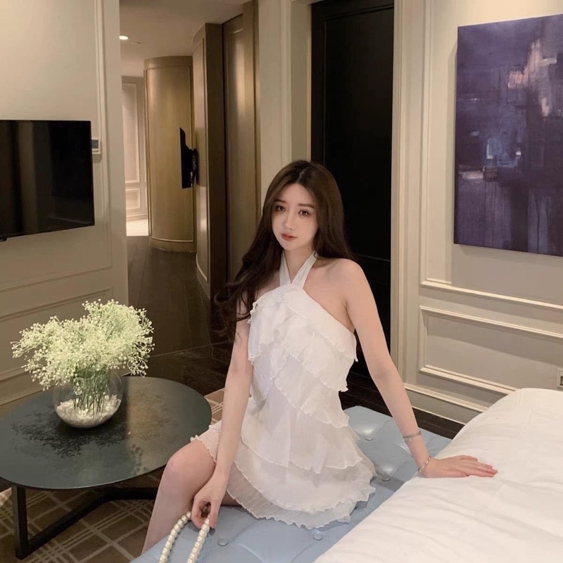 💕ĐẦM SUÔNG CỔ YẾM BÈO TẦNG TRẮNG/ĐEN XB💕GIMI