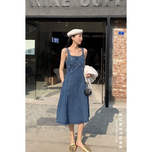 Đầm yếm jeans dáng xòe màu xanh denim Ulzzang