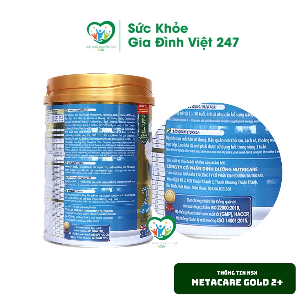 Sữa MetaCare Gold 2+ 900G - Tiêu hóa khỏe tăng hấp thu