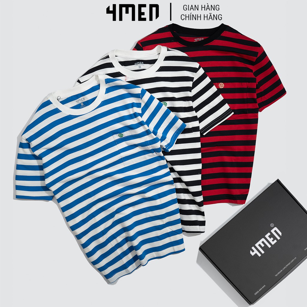 Áo thun nam sọc ngang đẹp 4MEN AT050 áo nam cổ tròn ngắn tay vải cotton form suông, thoáng mát, mềm mại