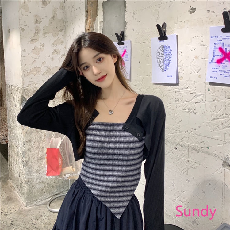 Bộ Áo Hai Dây Màu Trơn + Áo Tay Dài Lệch Tà Thời Trang Mùa Thu Quyến Rũ Cho Nữ