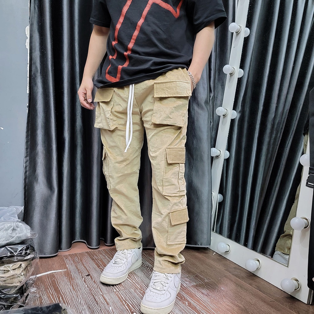 Quần Cargo Pant Túi Hộp Ống Suông Chất Liệu Nhung Tăm Màu Kem Co Giãn Nhẹ Phong Cách Streetwear