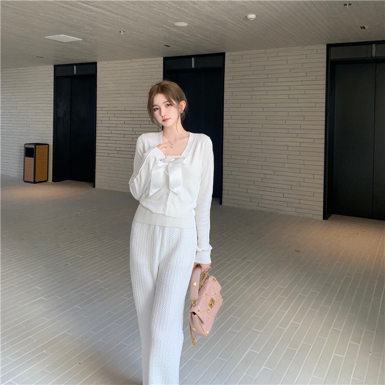 Set Áo Hai Dây Thắt Nơ + Áo Khoác Cardigan + Quần Dài Lưng Cao Ống Rộng Quyến Rũ Cho Nữ | BigBuy360 - bigbuy360.vn