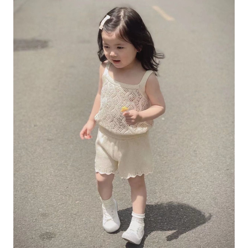 Set Đồ Mùa Hè 48 Giờ Gồm Áo Hai Dây + Quần Ngắn Dệt Kim Phong Cách Mori Hàn Quốc Cho Bé Gái