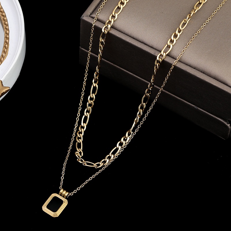 Vòng cổ Hai Lớp Mặt Vuông Màu Đen Phong Cách Hàn Quốc Dành Cho Nữ