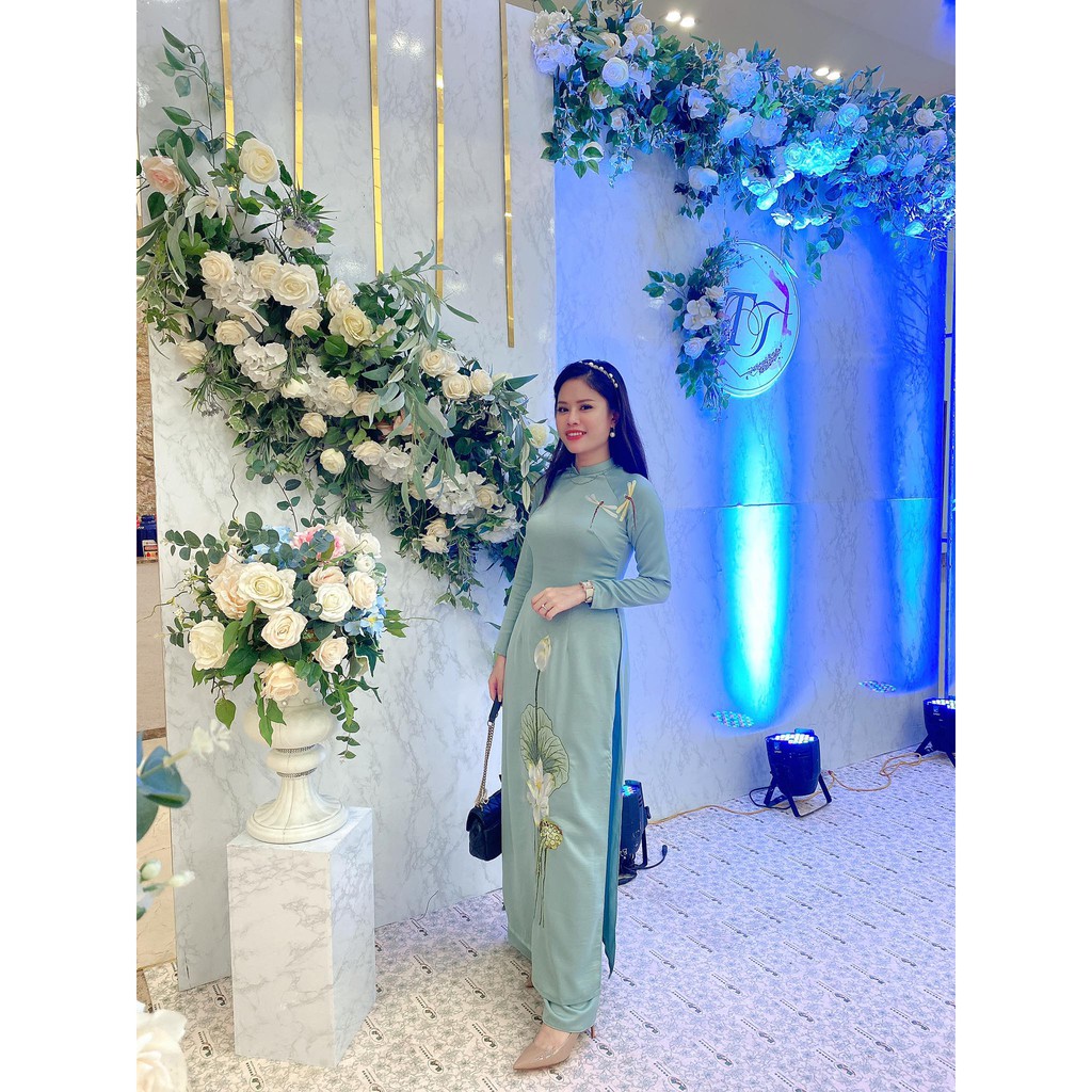 Áo Dài Truyền thống thêu sen, Áo dài thiết kế đẹp màu xanh bơ-Mã T34