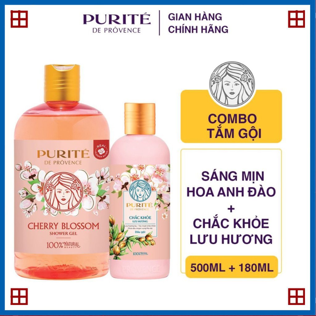 Combo Sữa Tắm Purite Sáng Mịn Hoa Anh Đào 500ml + Dầu Gội Purite Chắc Khỏe Lưu Hương Purite 180ml