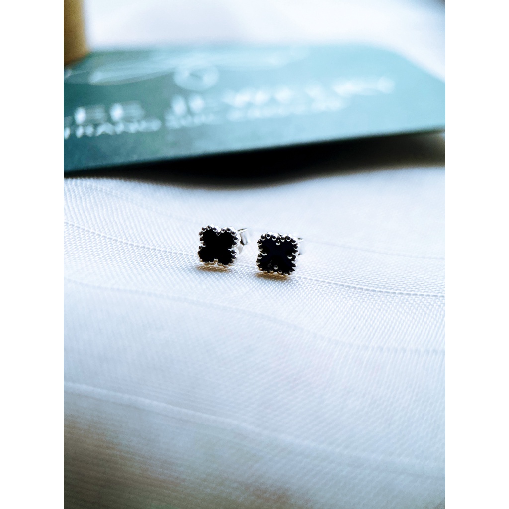 Khuyên tai bạc nữ TLEE hình đá đen viền bo hạt sáng mini TleeJewelry B0292