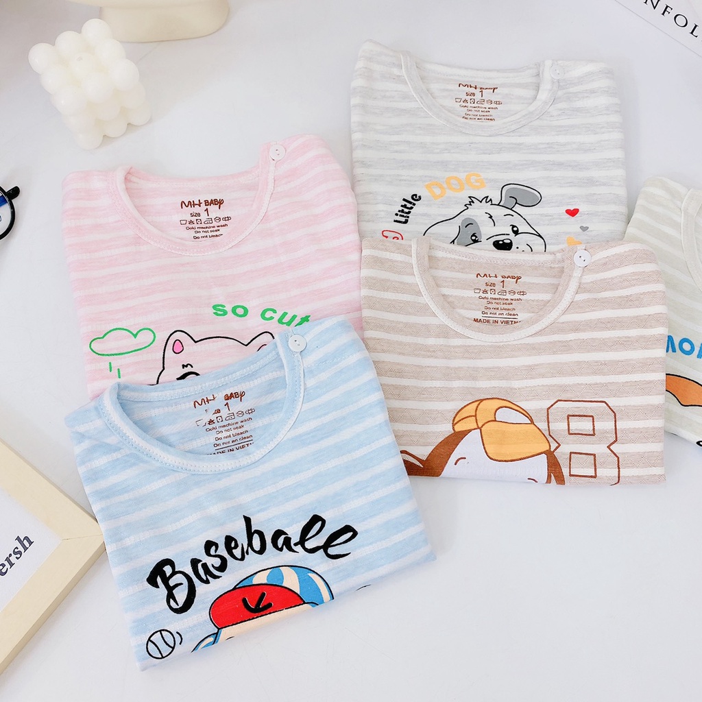 Áo Sơ Sinh Bé Trai, Bé Gái Chất Cotton Mềm Thông Hơi Có Nút Cài Vai Phối Kẻ In Hình, Áo Thun Cộc Tay Cho Bé - AN.KID