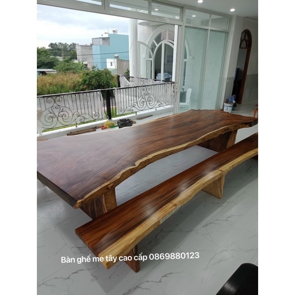 Bộ bàn ghế băng dài me tây cao cấp nguyên khối 60x1m8 dày 5cm