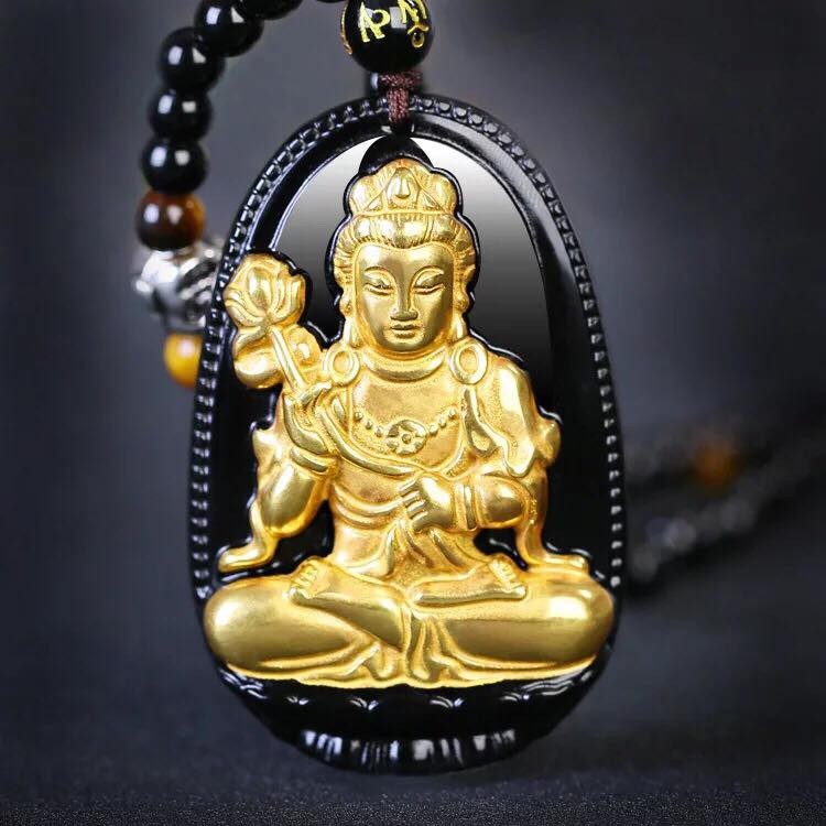 [SALE] Dây chuyền mặt vàng Phật Đại Thế chí Bồ tát đá obsidian tuổi Ngọ-DC53