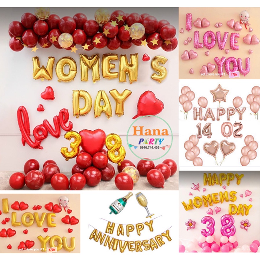 (HỎA TỐC) Set Bong bóng trang trí ngày 8 tháng 3 valentine 14/2 20/10 happy women's day ngày phụ nữ Happy Anniversary