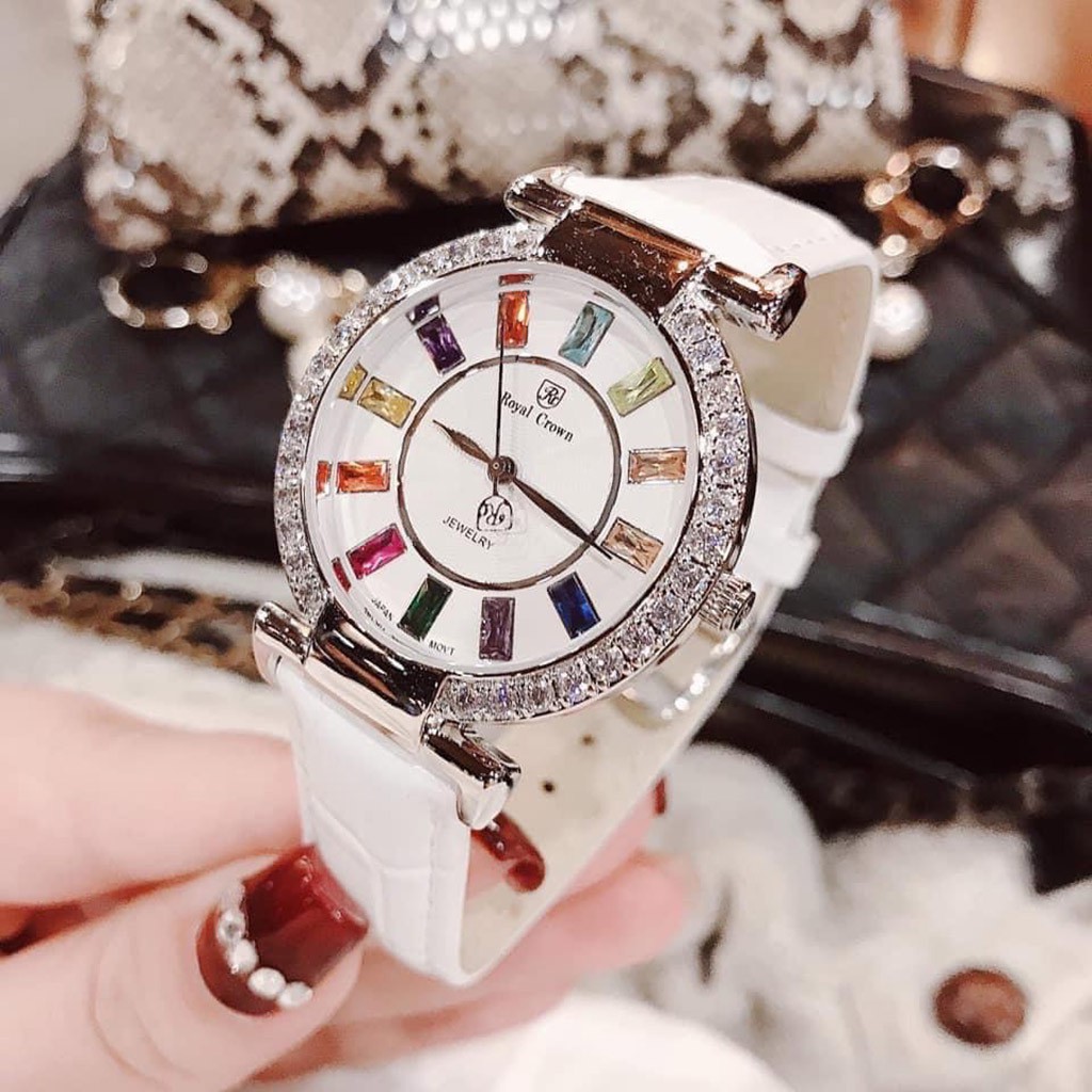 Đồng hồ nữ Royal crown 4640 mặt tròn đính đá dây da cao cấp - Bảo Hành 12 Tháng