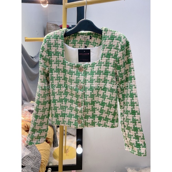 Áo khoác dạ tweed kẻ xanh cổ vuông chuẩn NT closet (sẵn) | BigBuy360 - bigbuy360.vn