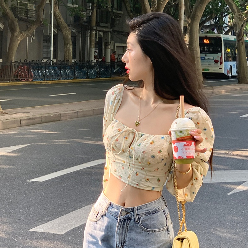 QKOOLE  Áo kiểu tay dài cổ vuông in họa tiết hoa phong cách Hàn Quốc thời trang cho nữ