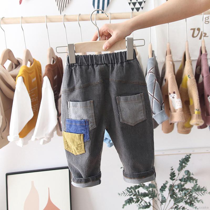 ruiaike  Kids Children Boy Pocket Design Pants Jeans Casual Elastic Waist Trousers For 1-5 Years Old