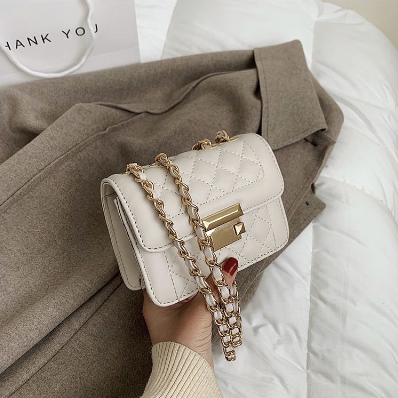 Túi đeo chéo, đeo vai khoá bấm trần ô trám dây xích phối da phong cách đơn giản