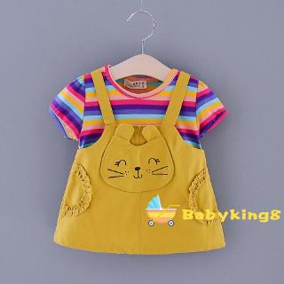 Set Áo Thun Tay Dài & Đầm Yếm Sọc Ngang Cho Bé Gái