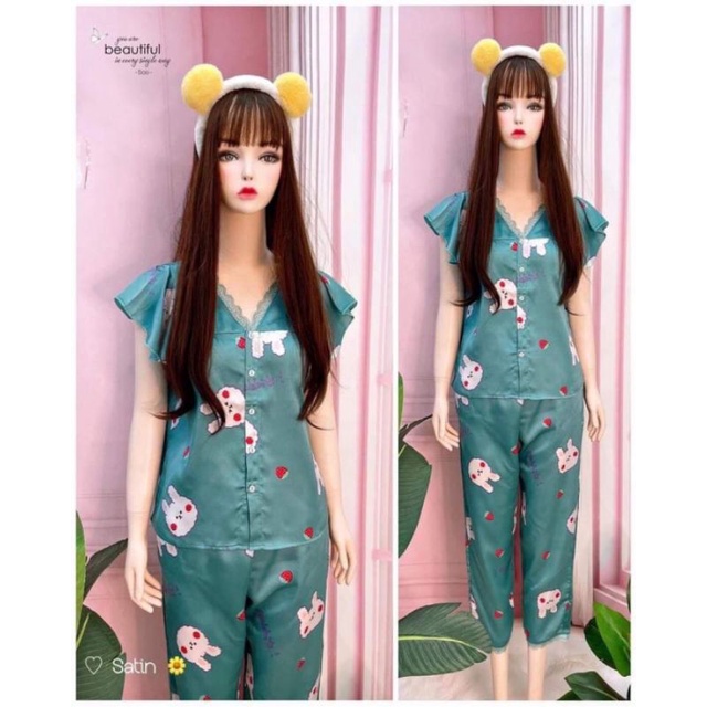 Bộ satin tay cánh tiên cổ tim hàng Boo Boo free size đến 60kg