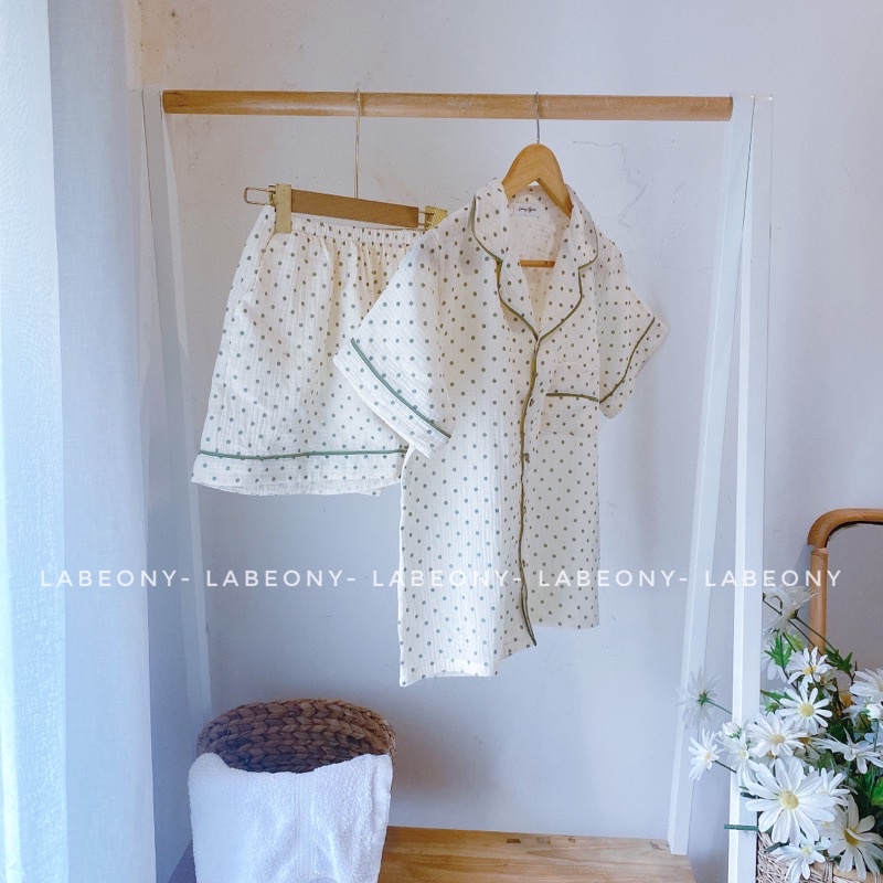 Đồ bộ nữ mặc nhà Pyjama CHẤM BI muslin Labeony( Bi Xanh Mới)