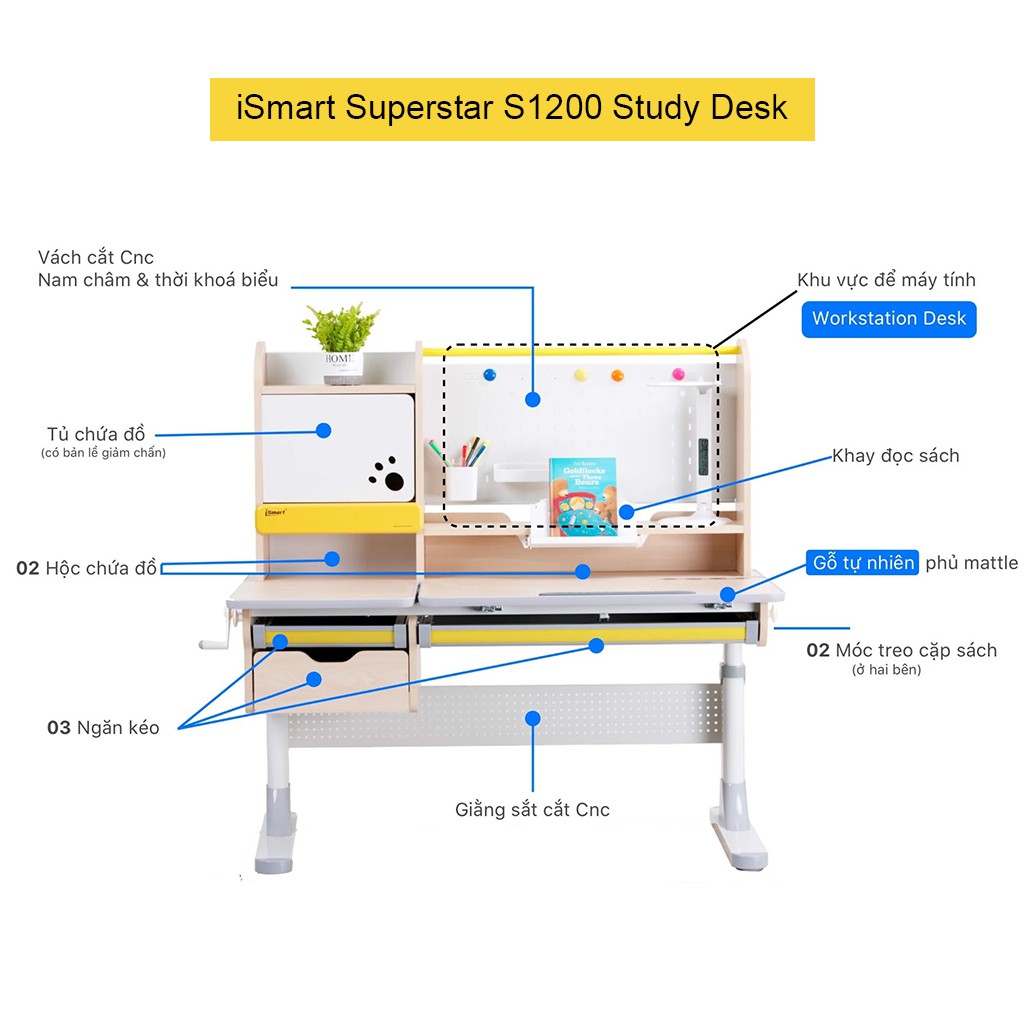 Bộ bàn học thông minh iSmart S1200 + ghế Hanover C01/C11 chống gù, chống cận cho trẻ em