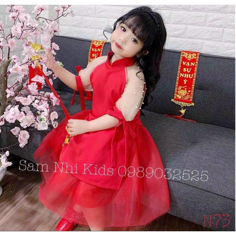 Set áo dài đỏ đính cườm cách tân cho bé gái