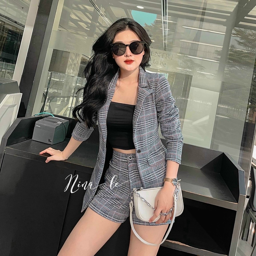 Áo khoác blazer nữ dài tay,sét bộ 3 món áo vest ,áo 2 dây và quần short thời trang trẻ trung xinh xắn