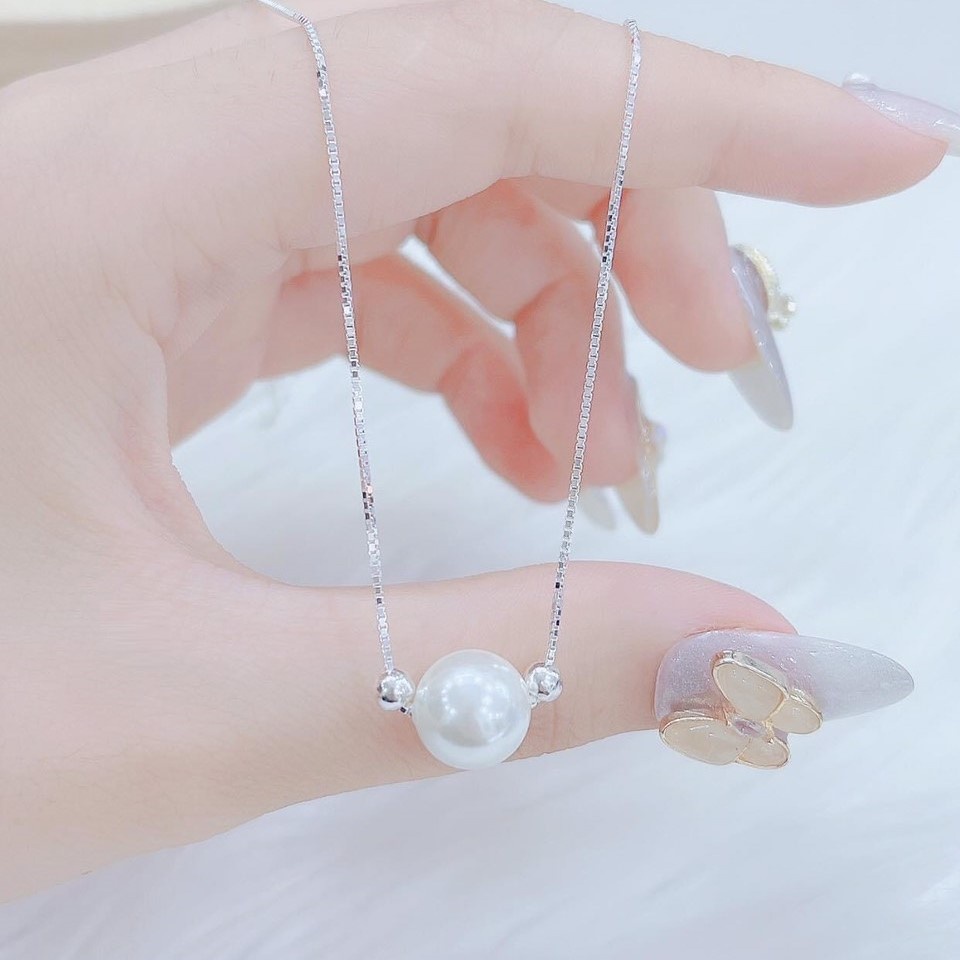 Dây chuyền bạc nữ mặt hạt trai đính bi bạc, dây bạc vuông cao cấp - Trang sức bạc Evasilver