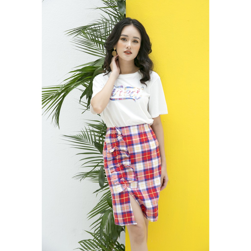 [Mã FASHIONIFU200 giảm 0.4 đơn 449k] Chân váy ôm kẻ phối nơ xếp IFU 2474 xanh đỏ | BigBuy360 - bigbuy360.vn