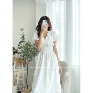 Váy Trắng Dự Tiệc Dáng Dài Cổ Bèo Tay Bồng Tiểu Thư