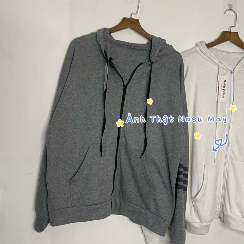 Áo Khoác Hoodie Khoá Kéo Mũ Sọc Tay Xám Trắng Bo Tăm Form Rộng