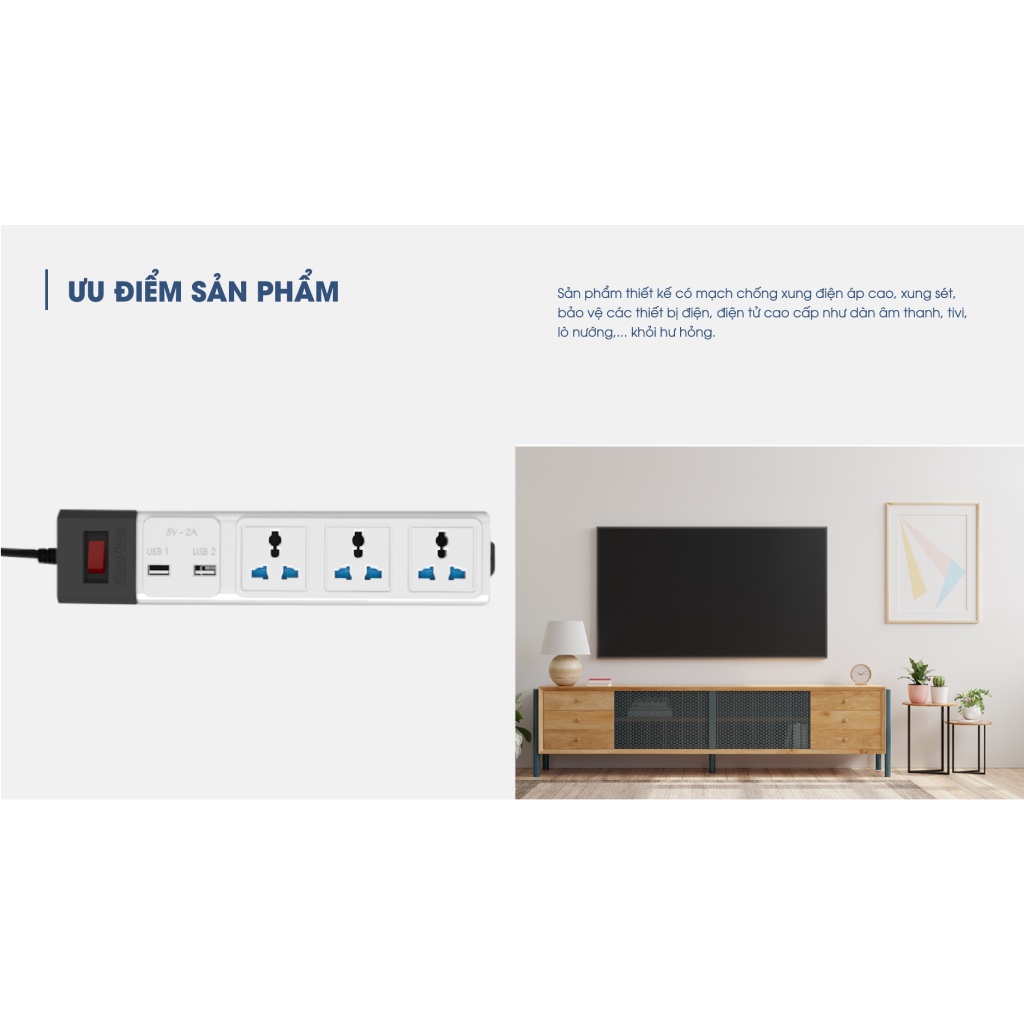 Ổ cắm điện USB chịu tải cao Rạng Đông, dây dài 3m, 5m Model: OC02.USB 3C/3M/10A