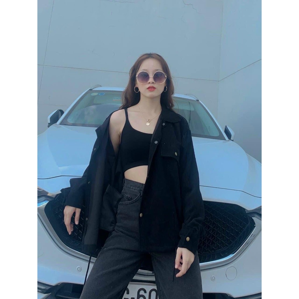 Áo Khoác Sơ Mi Bomber Jackets Nhung Gân Nút Bấm Form Rộng Unisex Nam Nữ Ulzzang