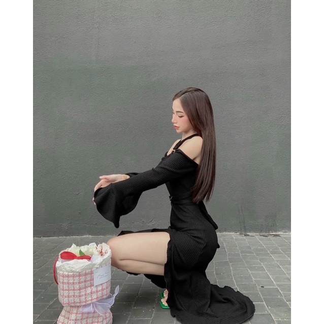 [FREESHIP] Đầm nữ ôm body dáng dài tay loe xẻ tà viền bèo bẹt vai cổ yếm dây dài cột eo