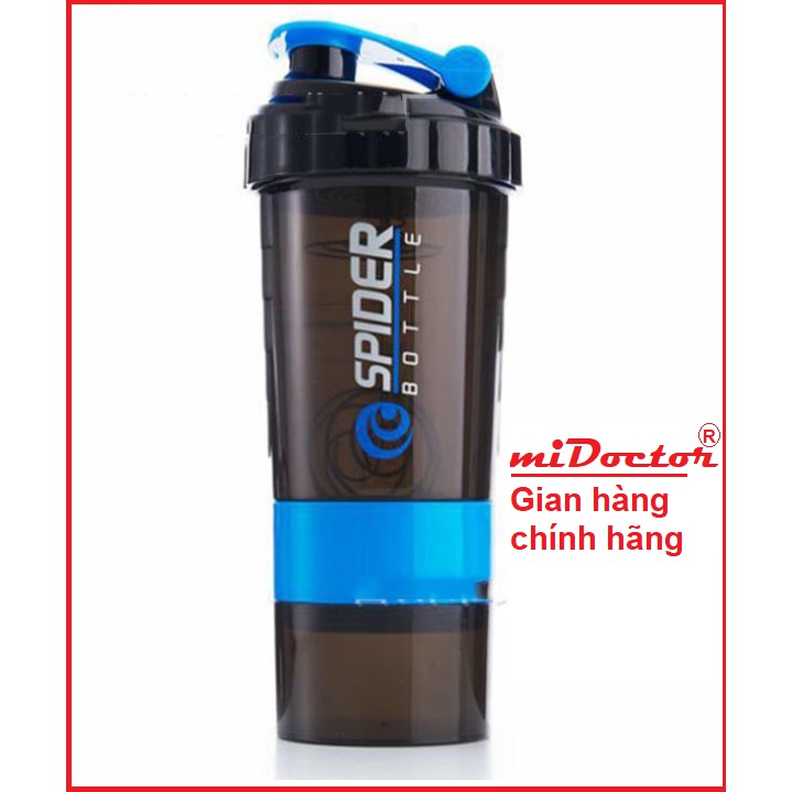 [Màu Xanh Dương] Bình lắc nước tập gym shaker 3 ngăn, có lò xo ở bên trong  - Chính hãng miDoctor