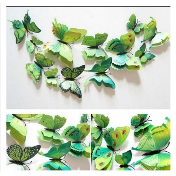 Set 12 con bướm cánh đôi 3D trang trí dán tường và tủ lạnh đế nam châm và băng dính cao cấp
