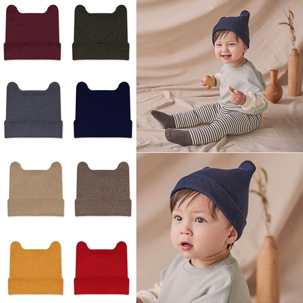 Nón dệt kim trùm đầu giữ ấm kiểu dáng tai gấu màu đơn sắc xinh xắn cho bé / đạo cụ chụp hình chất lượng cao
